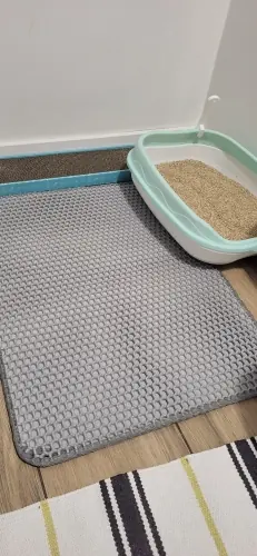 Photo d'un acheteur montrant le tapis de litière Minopatte en situation