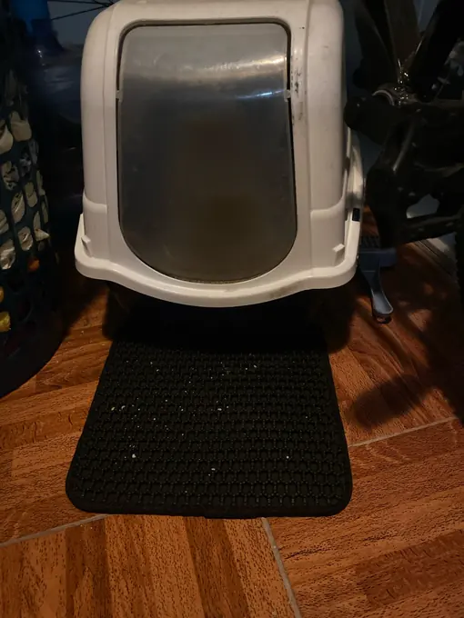 Photo d'un acheteur montrant le tapis de litière Minopatte en situation
